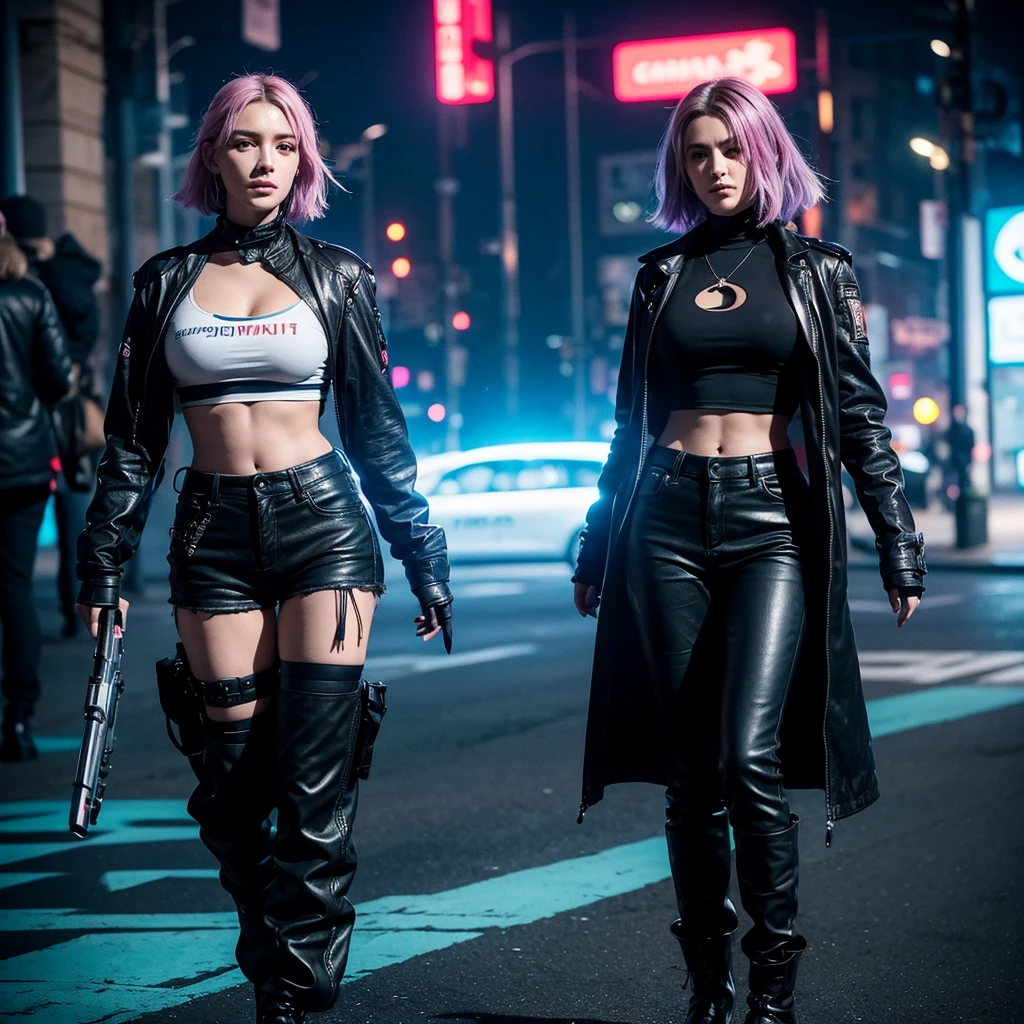 Photographie ultra réaliste d'une cosplayeuse incarnant un personnage de l'univers de "Cyberpunk 2077". Elle a des cheveux courts et stylisés avec des couleurs néon vibrantes, et des yeux perçants augmentés par des implants cybernétiques. Elle porte une veste en cuir futuriste avec des lumières LED intégrées, un crop top noir, des pantalons moulants en matériaux high-tech, et des bottes robustes. Ses bras et son cou sont ornés de tatouages luminescents et de câbles cybernétiques. Elle tient un pistolet futuriste avec assurance, prête pour l'action. L'arrière-plan est une ville futuriste avec des gratte-ciels illuminés par des néons, des hologrammes et des voitures volantes. La lumière des néons crée une ambiance immersive et captivante. La photo est en haute résolution, photoréaliste, avec une profondeur de champ parfaite, une lumière cinématographique et des détails exquis. 8k, chef-d'œuvre, haute définition, photoréalisme, contraste parfait, netteté élevée.