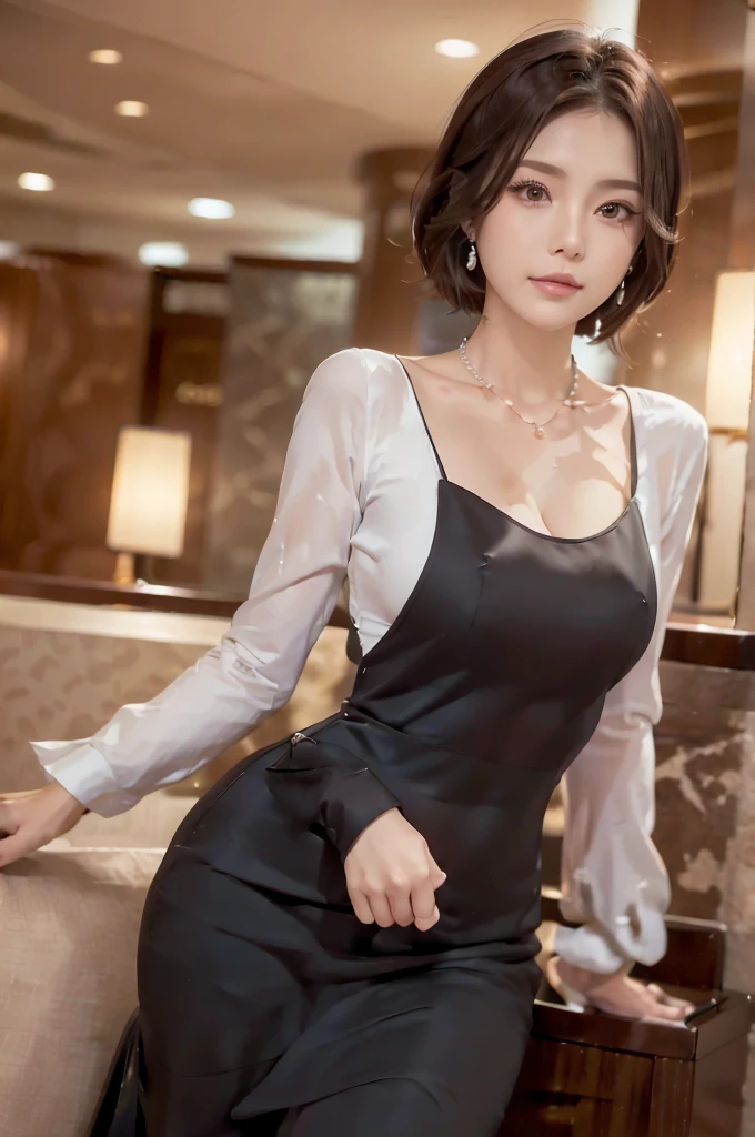 (Neat women in formal wear in the hotel lobby.:1.3) They are wearing pearl necklaces and earrings. They carry small black bags.beautiful eyes.One female voice is wearing a party dress revealing her shoulders.Beautiful face. Very realistic photographs.Small but beautiful breast shape. A little cleavage is visible.There are a lot of people around.Dresses in different colours and shapes.,asian girl
