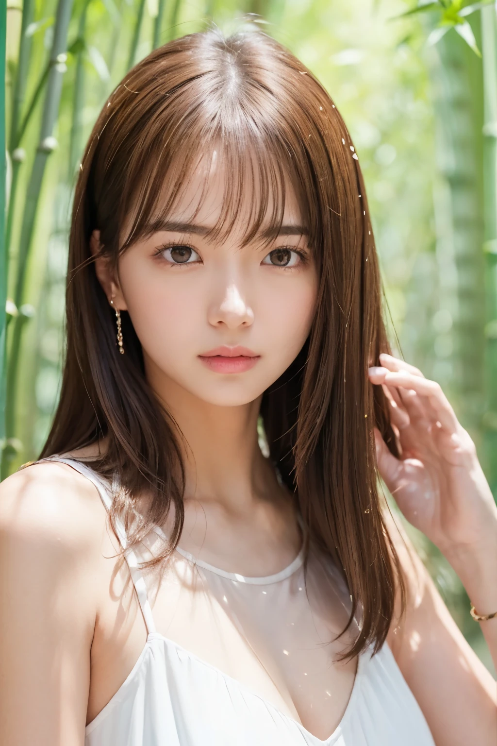 16 year old Japanese girl、One woman、Close-up of face、Medium size breasts、Light Brown Hair、Blunt bangs、Hair behind the ear、Hair that falls over the shoulders、Long Hair、Slim figure、超Thin face、Thin face、Delicate lips、Beautiful Eyes、Light blush、eyes are light brown、Perfect Glowing Skin、Perfect Skin、Glittering sweat、See here、Extremely thin hands、Ultra-thin fingers、The perfect ratio of four fingers and one thumb、（Reality：1.3）、Finger extension、See-through white blouse。bamboo forest、First Person View、Fujifilm、F / 1.2、8K、Mastepiece、nffsw、Super Detail、high quality、最high quality、High resolution、Emphasizes cleavage from the knee up、Beautiful clavicle、(((Glowing Skin:1.5、Light Skin: 1.5、Glowing Skin、非常にGlowing Skin)))、Detailed body、(Delicate face)、（Transparent clothes）