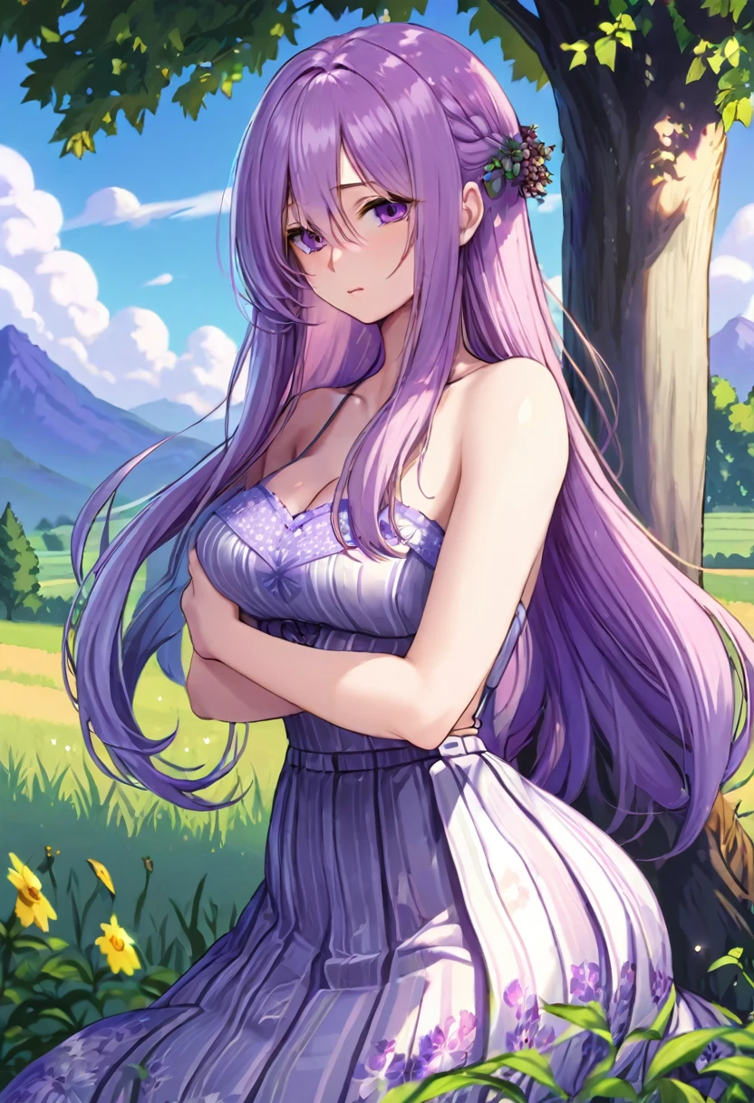 A woman with very long straight light purple hair, beautiful light purple eyes, White skin, Big breasts, thin waist, big hips, granary,  vintage floral dress, under a tree, stardew valley style 