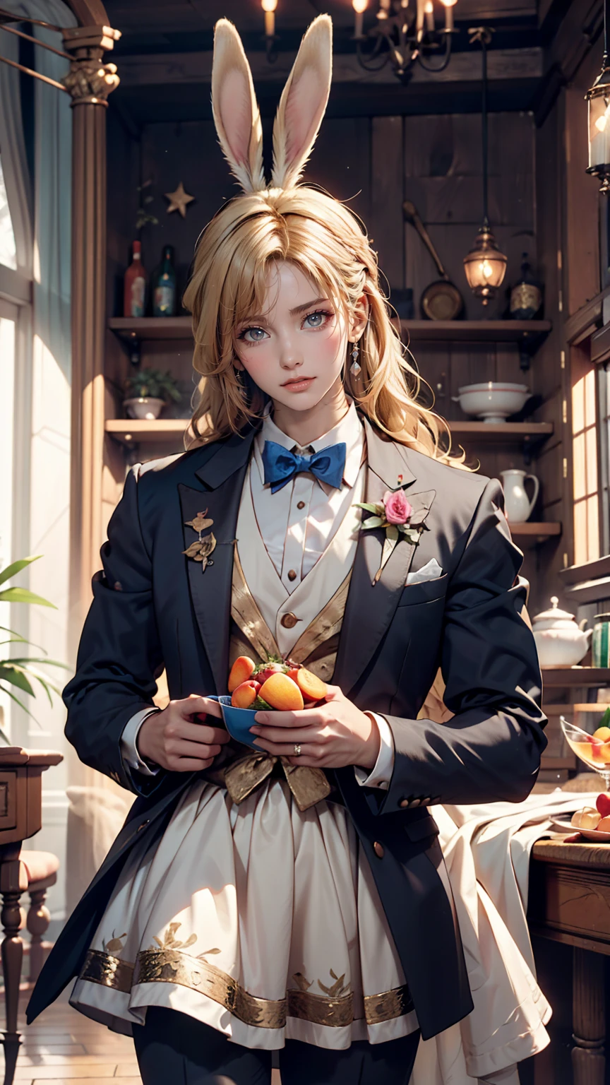 Alice in Wonderland、Wear a blue apron dress、Blonde、long hair、Hair becomes wavy、Put a big ribbon on your head、Chasing a tuxedo-wearing rabbit on two legs