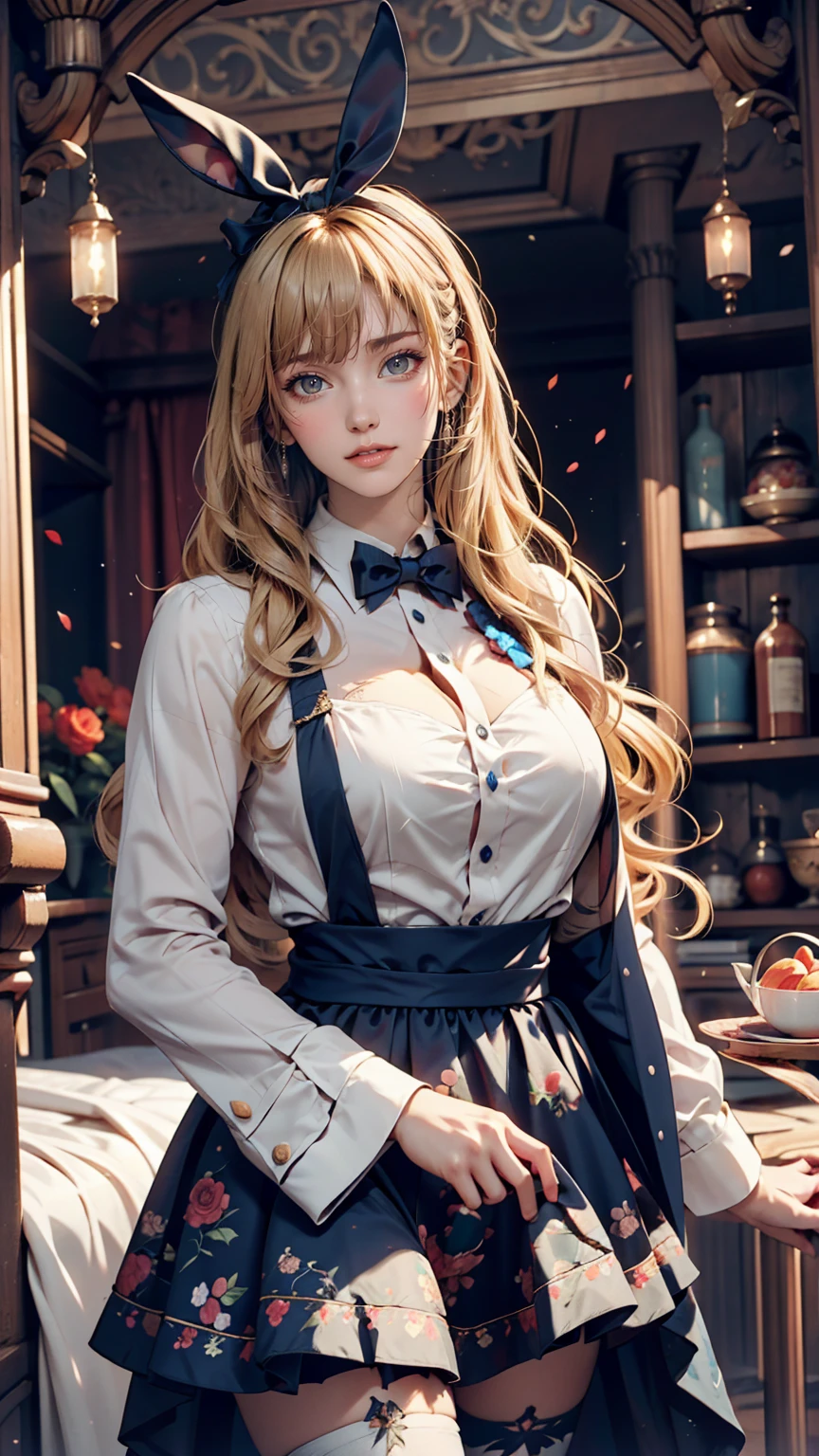 Alice in Wonderland、Wear a blue apron dress、Blonde、long hair、Hair becomes wavy、Put a big ribbon on your head、Chasing a tuxedo-wearing rabbit on two legs