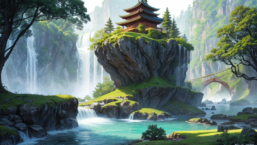 The photo depicts a mystical landscape with soaring rock formations, covered with green trees. A river flows through the landscape, cascading down in a series of waterfalls before flowing under an ornate bridge. Nestled among the rocks and trees are traditional East Asian-style houses with tiered roofs, one of them glowed warmly as if there was light inside. Behind are hazy mountain ranges, contributes to creating a peaceful and magical atmosphere for the photo.