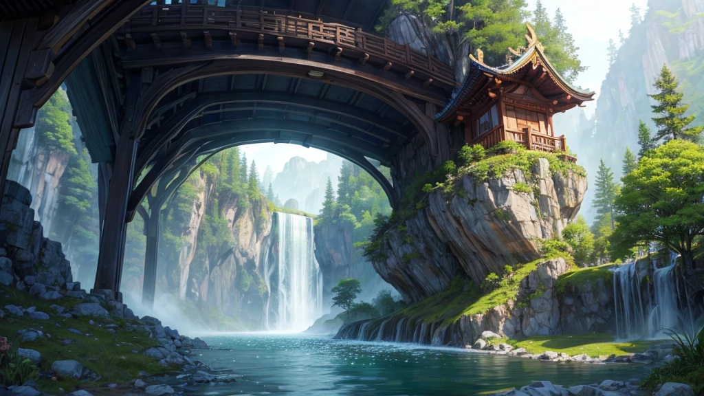 The photo depicts a mystical landscape with soaring rock formations, covered with green trees. A river flows through the landscape, cascading down in a series of waterfalls before flowing under an ornate bridge. Nestled among the rocks and trees are traditional East Asian-style houses with tiered roofs, one of them glowed warmly as if there was light inside. Behind are hazy mountain ranges, contributes to creating a peaceful and magical atmosphere for the photo.