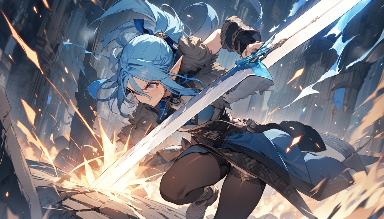 (Highest quality), An elf girl attacks with a large sword,Blue Hair,Different world