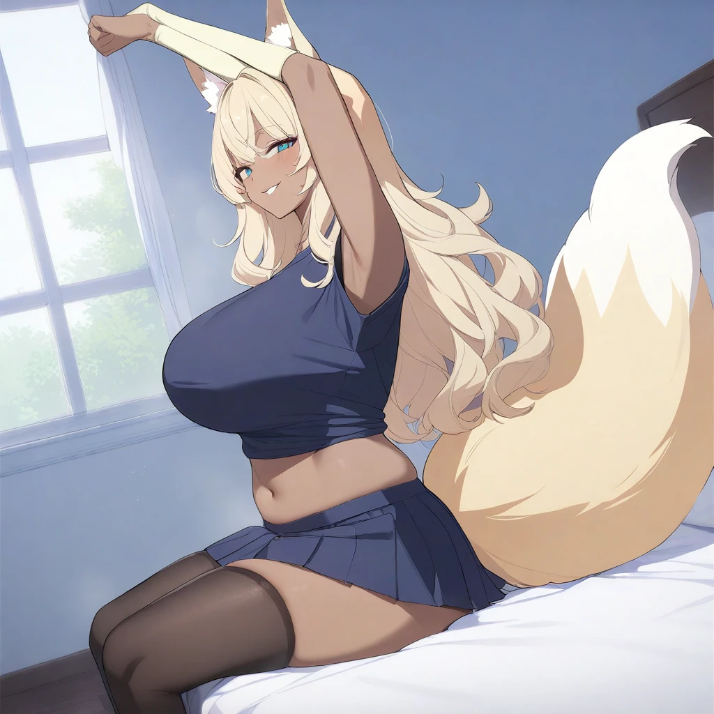 masterpiece, best quality, high quality, beautiful anime character, solo, anime girl with blonde hair, messy hair, long hair, blue eyes, big breasts, mature female, tall female, big girl, thick, (mischievous smile, smirk, horny), indoors, (short t-shirts, pleated skirt), navel, short sleeves, elbow gloves, thighhighs, (dark skin, dark-skinned girl), (huge fox tail, fox ears), stretching in bed, sitting in bed, thick thighs, 