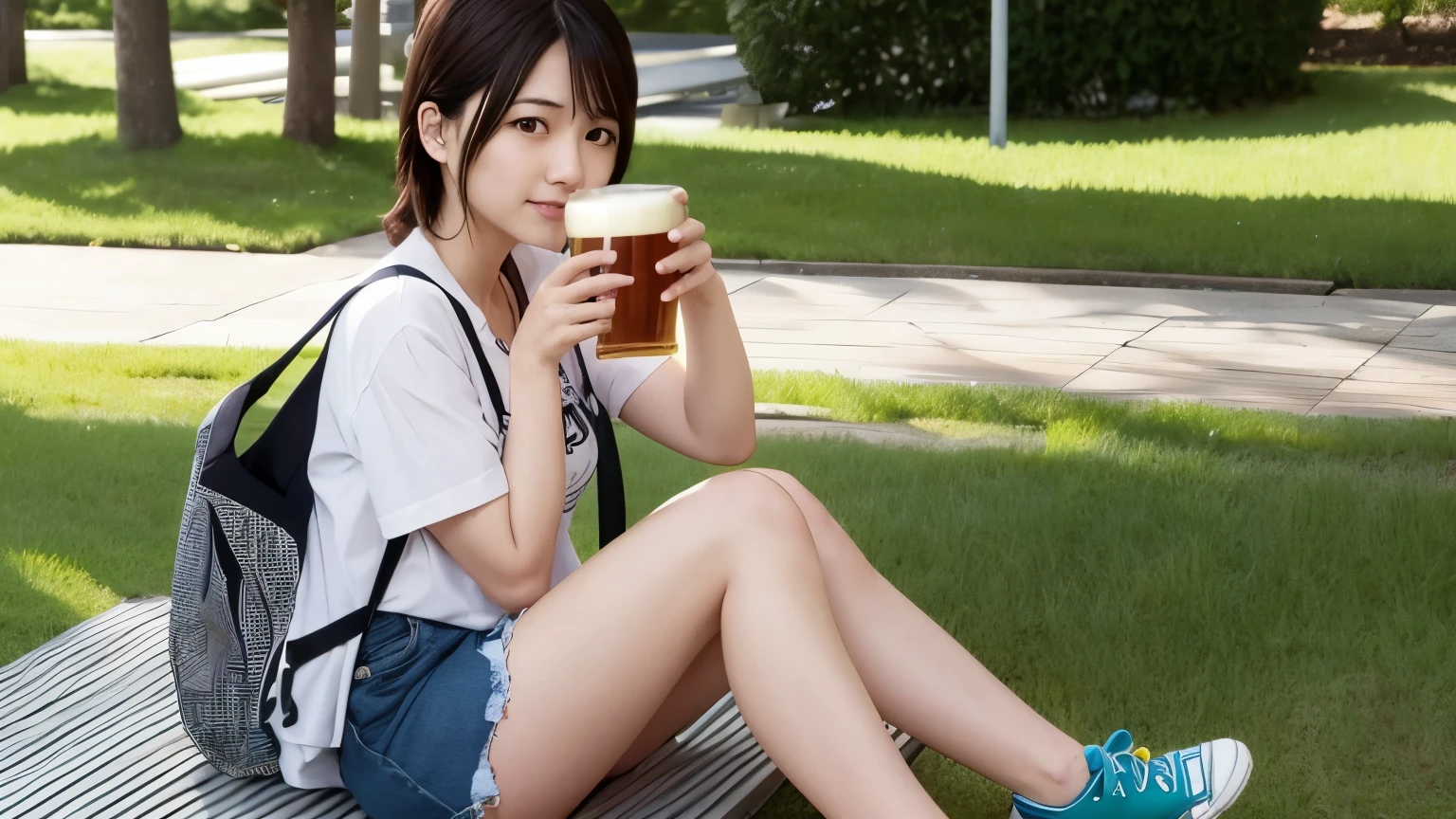 Hirose Suzu drinking beer in the park