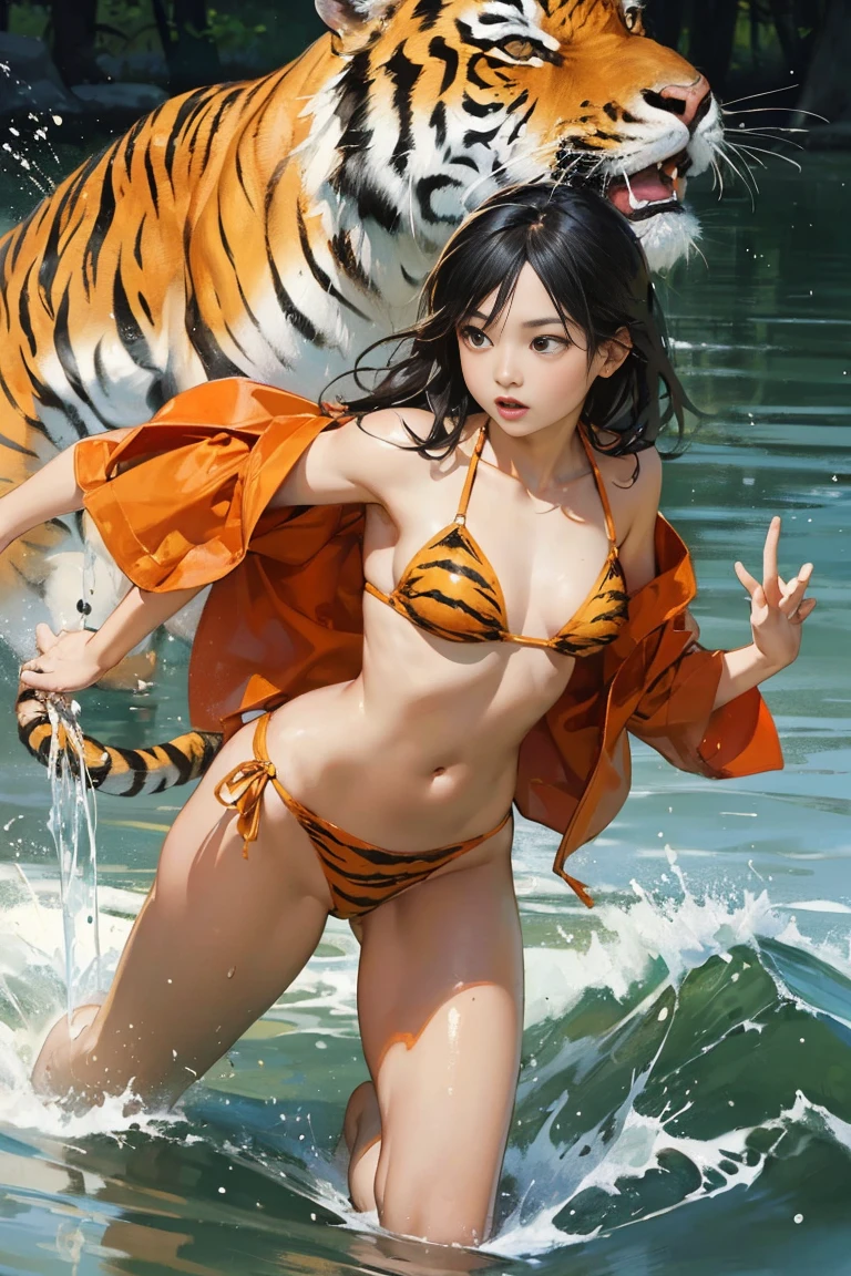 (​masterpiece, top-quality, Official art:1.2)Look at viewericro bikini, tiger and girl, Tiger painting}A flash of light runs, Colorful water levitation(2D:1.5),