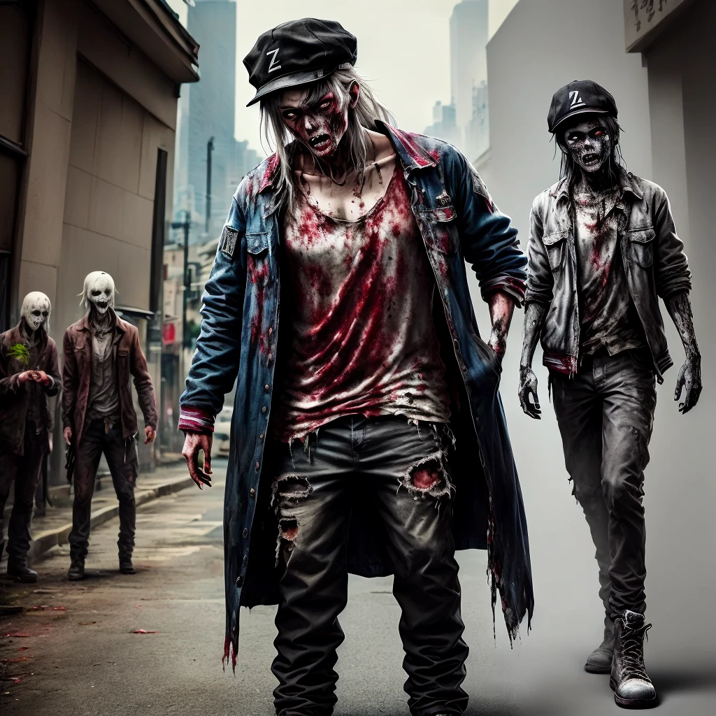 There are two photos,A man wears a hat,Another one wearing a jacket, 恐怖Zombies概念艺术, Realistic full body, Zombies, realistic cosplay, realistic character concept, Zombies化, Zombies, 街上的Zombies, 3D Rendering Character Art 8k, Zombies的, Zombies, Photo Processing, Undead. Very detailed, 人变异成Zombies