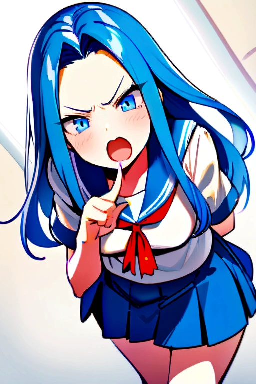 (angry style) (Tsundere mode) ( yo, solo forehead blue hair long hair cute girl, lovely blue eyes, angry face, pink lip open mouth), break, (in a summer school sailor suit, red ribbon, skirt), (index finger raised), BREAK, perfect anatomy, masterpiece, best quality, 16k, beautiful detailed grow, daydreaming expression.