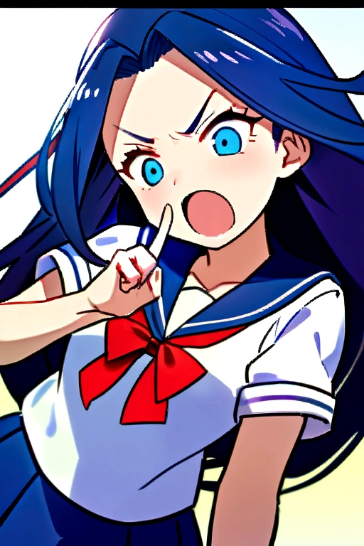 (angry style) (Tsundere mode) ( yo, solo forehead blue hair long hair cute girl, lovely blue eyes, angry face, pink lip open mouth), break, (in a summer school sailor suit, red ribbon, skirt), (index finger raised), BREAK, perfect anatomy, masterpiece, best quality, 16k, beautiful detailed grow, daydreaming expression.