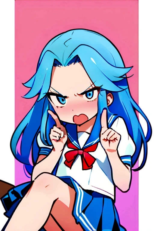 (angry style) (Tsundere mode) (15 yo, solo forehead blue hair long hair cute girl, lovely blue eyes, angry face, pink lip open mouth), break, (in a summer school sailor suit, red ribbon, skirt), (index finger raised), BREAK, perfect anatomy, masterpiece, best quality, 16k, beautiful detailed grow, daydreaming expression.
