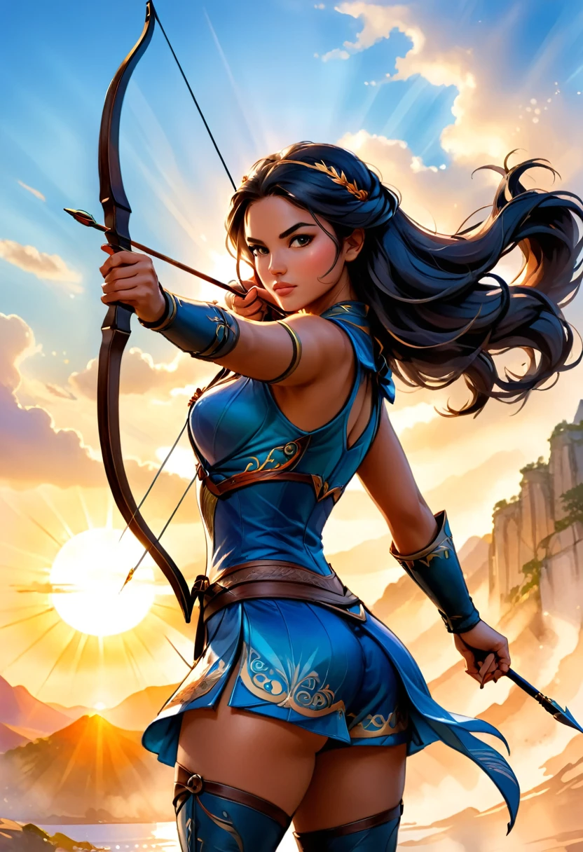 a watercolor illustration of a female archer, silhouette artwork, as the sun rises, fantasy art, ), sunrising behind the archer, ready to act,  ultra feminine, with a long curvy hair, dynamic bow sting drawn to the cheek , arrow ready to be shot, arrow tip glimmers, sunrays, divine rays, high details, best quality, 16k, [ultra detailed], masterpiece, best quality, (extremely detailed), dynamic angle, Aiming a Bow, bow (weapon)
