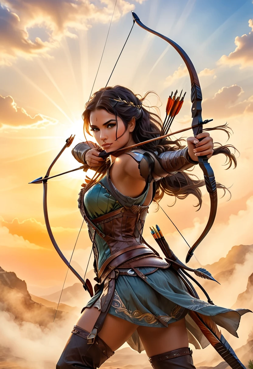 a watercolor illustration of a female archer, silhouette artwork, as the sun rises, fantasy art, ), sunrising behind the archer, ready to act,  ultra feminine, with a long curvy hair, dynamic bow sting drawn to the cheek , arrow ready to be shot, arrow tip glimmers, sunrays, divine rays, high details, best quality, 16k, [ultra detailed], masterpiece, best quality, (extremely detailed), dynamic angle, Aiming a Bow, bow (weapon)