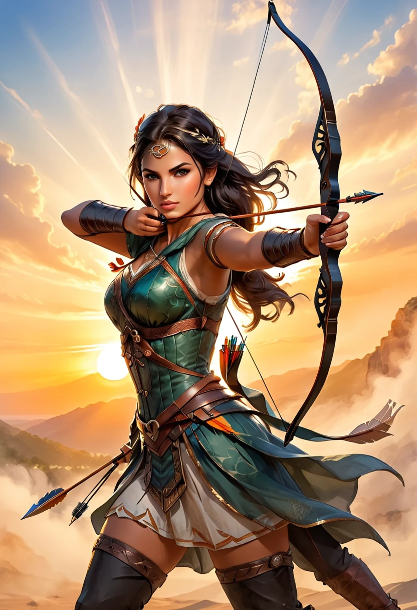 a watercolor illustration of a female archer, silhouette artwork, as the sun rises, fantasy art, ), sunrising behind the archer, ready to act,  ultra feminine, with a long curvy hair, dynamic bow sting drawn to the cheek , arrow ready to be shot, arrow tip glimmers, sunrays, divine rays, high details, best quality, 16k, [ultra detailed], masterpiece, best quality, (extremely detailed), dynamic angle, Aiming a Bow, bow (weapon)