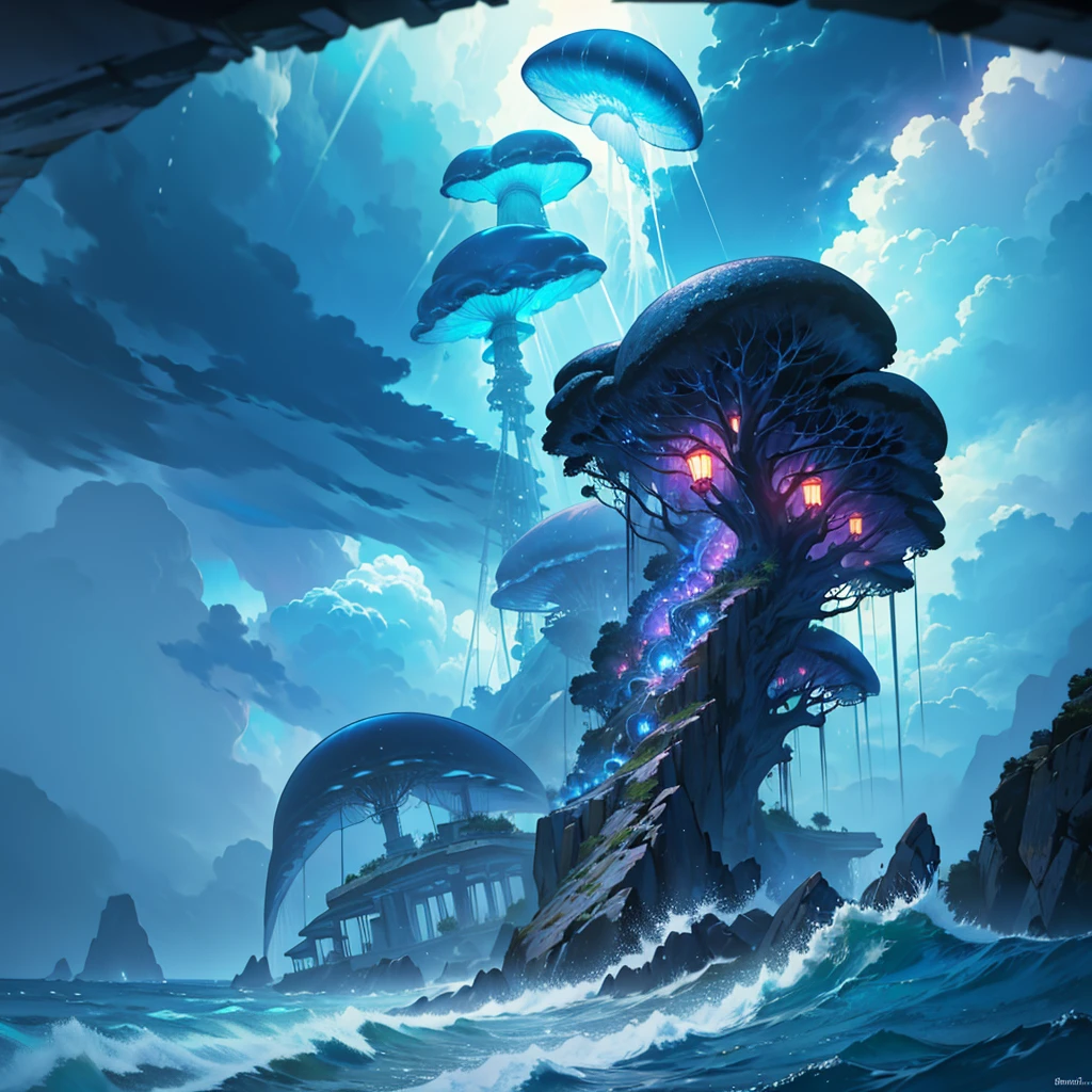 Ridiculous resolution, high resolution, (Masterpiece:1.4), super detailed, beach raining hard, thunder impacting the water and jellyfish, very dark night
