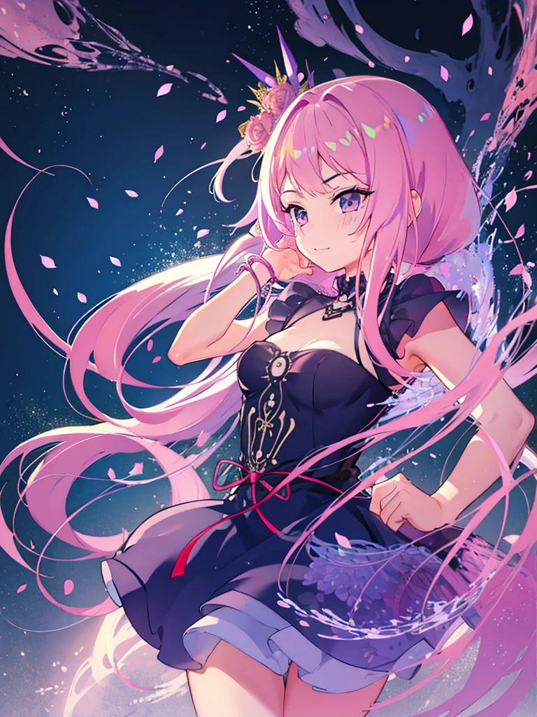 A girl. She is blushing. She has pink hair and purple eyes. 