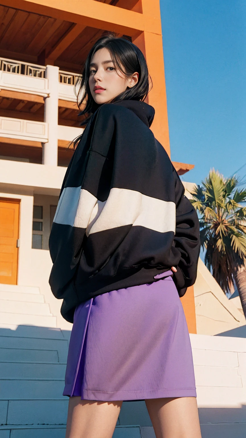 1 girl, wear ((orange oversized hoodie)), wear ((purple tennis skirt)),looking front,Best Quality,Masterpiece,Ultra High Resolution,(Realisticity:1.4),Original Photo, 1Girl, light leak,ultra high resolution,UHD,beautiful, black bob hair, almond eye, no makeup, in front of (80's mondrian architecture motel), (from below:1.3), (realistic:1.2), (surreal:1.3), (very detailed:1.1), ((masterpiece)),summer, blue sky, palm trees,sunny, los angles vibes