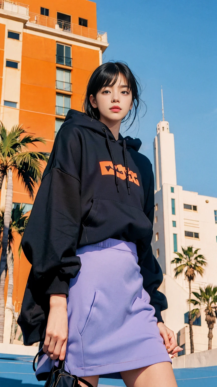 1 girl, wear ((orange oversized hoodie)), (purple tennis skirt),Best Quality,Masterpiece,Ultra High Resolution,(Realisticity:1.4),Original Photo, 1Girl, light leak,dark intens shadow,ultra high resolution,UHD,beautiful, (black bob hair), almond eye, no makeup, in front of (80's pool architecture colorful motel), (realistic:1.2), (surreal:1.3), (very detailed:1.1), ((masterpiece)),summer, blue sky, palm trees,sunny, los angles vibes