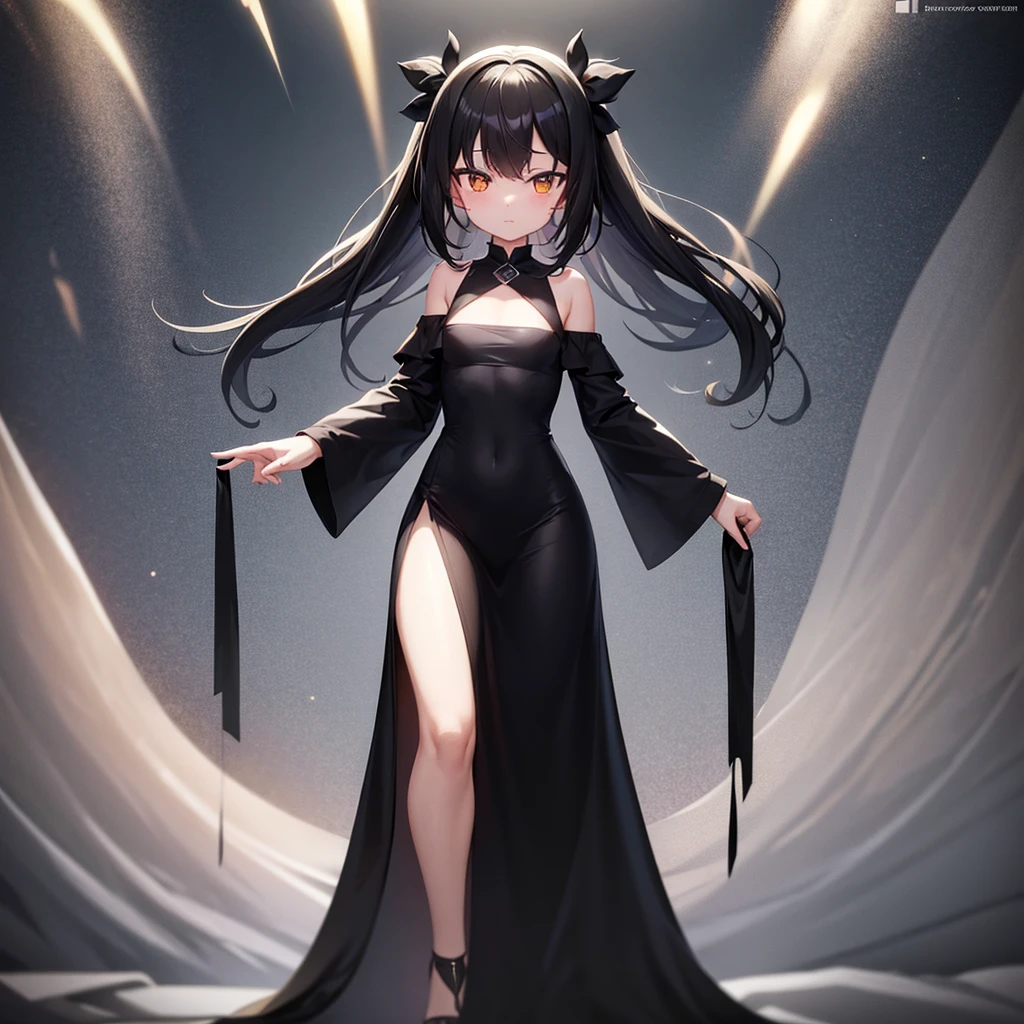 (((Black elegant dress))),((In a naughty way)),Cute little loli,Tiny Lori,Small girl,,Childish face, Very fine clean face,Top quality, Big eyes,Straight Hair,Yellow hair,Crimson Eye,(Dark Room), Subtle light, Natural light,Soft lighting,Light from directly behind, (Are standing), Cute pose, (Open your hands), Showing the whole body,Front view,Black background