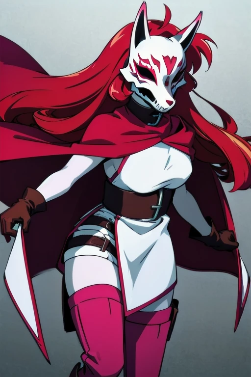 neonred, fox mask, sleeveless, gloves, thighhighs, knee boots, belt, red hair, 1girl, solo, facing viewer, looking at viewer, upper body. Cloak, cape