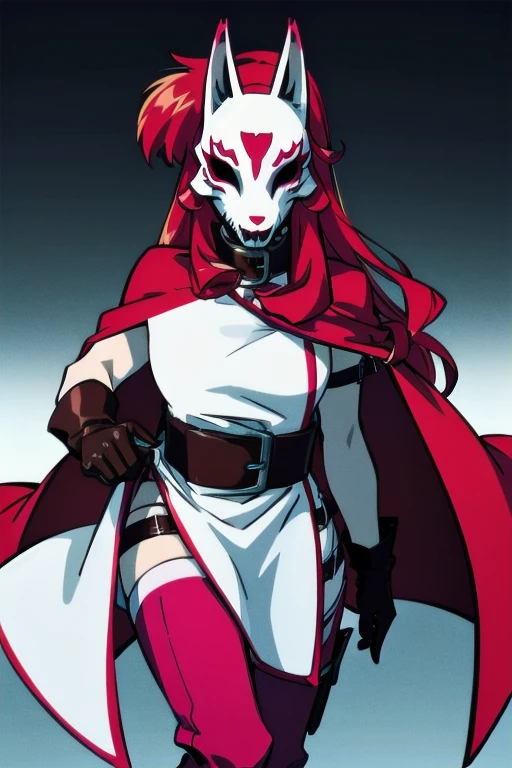 neonred, fox mask, sleeveless, gloves, thighhighs, knee boots, belt, red hair, 1girl, solo, facing viewer, looking at viewer, upper body. Cloak, cape