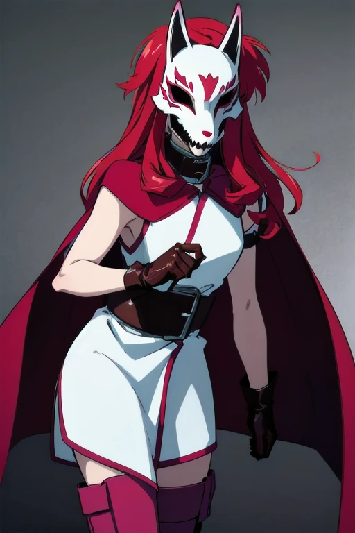 neonred, fox mask, sleeveless, gloves, thighhighs, knee boots, belt, red hair, 1girl, solo, facing viewer, looking at viewer, upper body. Cloak, cape