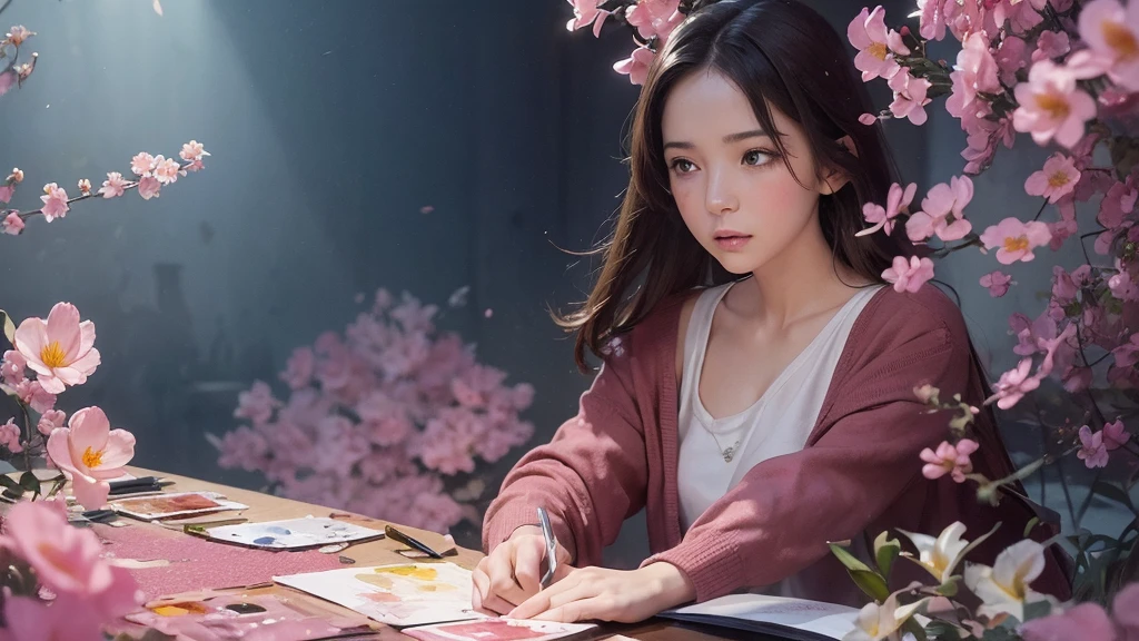 32k, Masterpiece, Highest quality, One girl, Brown Hair, Detailed eyes, flower,Freesia, Pink and navy style,A dreamy, romantic piece,Pale yellow, Mysterious Leaves,A playful arrangement,Fantasy,High Contrast,Ink strokes,explosion,Exposure, Impression of pink and navy tones,Abstract,((Watercolours by John Berkey and Jeremy Mann )) Brush strokes,Negative Space, Tyndall effect,