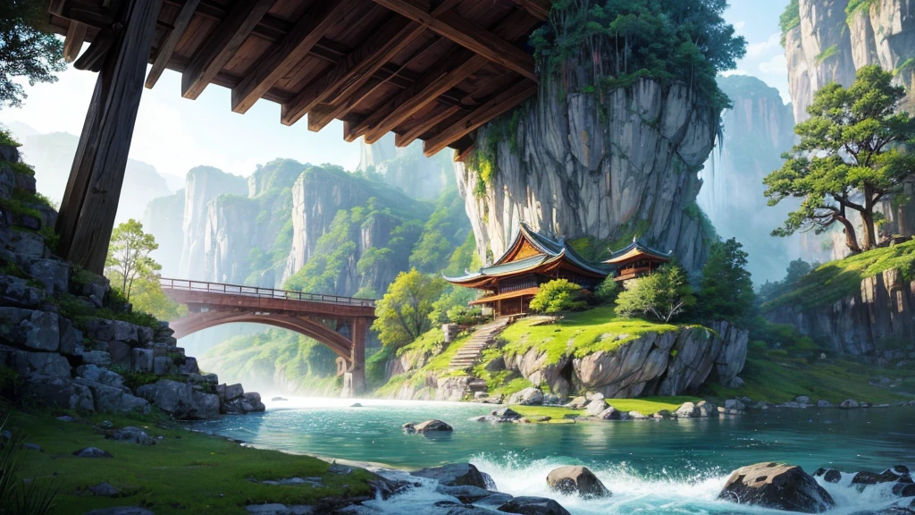 The photo depicts a mystical landscape with soaring rock formations, covered with green trees. A river flows through the landscape, cascading down in a series of waterfalls before flowing under an ornate bridge. Nestled among the rocks and trees are traditional East Asian-style houses with tiered roofs, one of them glowed warmly as if there was light inside. Behind are hazy mountain ranges, contributes to creating a peaceful and magical atmosphere for the photo.