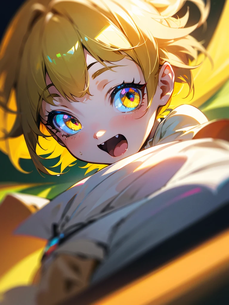 1baby li anime girl, nekomimi, portrait, loli anime girl with short yellow hair wearing maid outfit, green emelard eyes, close up face, detailed eyes, detailed hair, emotional lovely happy expression, crystal glowing eyes, cinematic lighting, extremely detailed body, face, clothes, (best quality,4k,8k,highres,masterpiece:1.2),ultra HD, masterpiece, very very anime style, bokeh, starry shining lighting, original characters, low angle, 