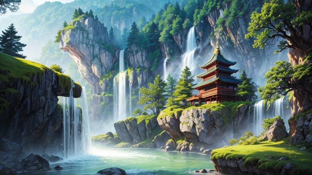 The photo depicts a mystical landscape with soaring rock formations, covered with green trees. A river flows through the landscape, cascading down in a series of waterfalls before flowing under an ornate bridge. Nestled among the rocks and trees are traditional East Asian-style houses with tiered roofs, one of them glowed warmly as if there was light inside. Behind are hazy mountain ranges, contributes to creating a peaceful and magical atmosphere for the photo.