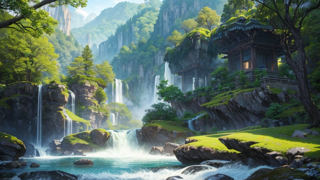 The photo depicts a mystical landscape with soaring rock formations, covered with green trees. A river flows through the landscape, cascading down in a series of waterfalls before flowing under an ornate bridge. Nestled among the rocks and trees are traditional East Asian-style houses with tiered roofs, one of them glowed warmly as if there was light inside. Behind are hazy mountain ranges, contributes to creating a peaceful and magical atmosphere for the photo.