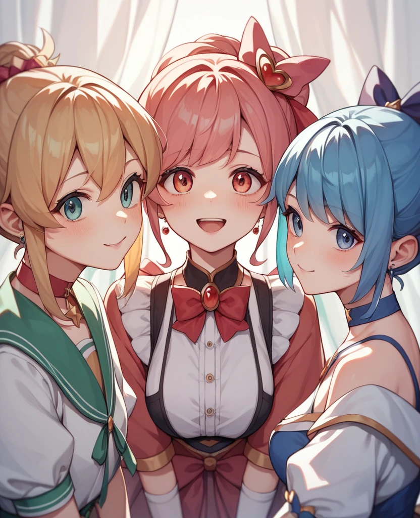 Highest quality, Very detailed, masterpiece, anime,Highest quality,Japanese ,Three Girls,Holiday outings,Transparent haori,Browsing Caution,Magical girl、Upper Body、Close Contact、lure、Provocative look、Leaning forward、bring your chest to the center