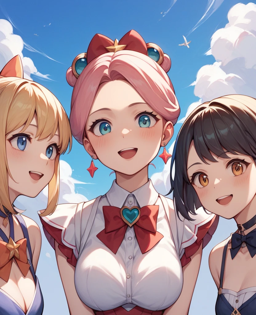 Highest quality, Very detailed, masterpiece, anime,Highest quality,Japanese ,Three Girls,Holiday outings,Transparent haori,Browsing Caution,Magical girl、Upper Body、Close Contact、lure、Provocative look、Leaning forward、bring your chest to the center