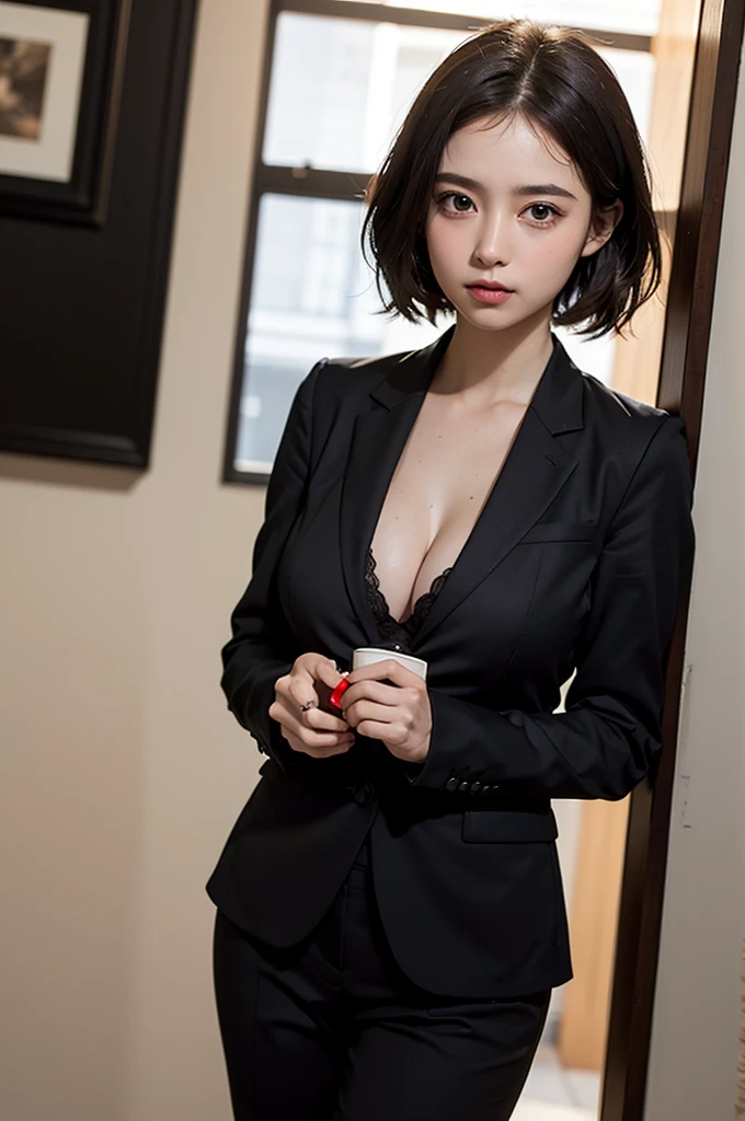 (((business suits))), ((very saggy breasts, very very soft breasts)), (high resolution, highest resolution, ultra definition, masterpiece, top quality), (K-cup bust, super big breasts), one girl, early 30s, medium to short hair, round face, beautiful forehead, body, big eyes, black hair, whole body, cute face, (embarrassed look), cute face, (high resolution, highest resolution, ultra definition, masterpiece), beautiful face, (high resolution, highest resolution, ultra definition, masterpiece), (office), best quality, (very cool), High temperature indoors, ((dynamic angle)), masterpiece, best quality,