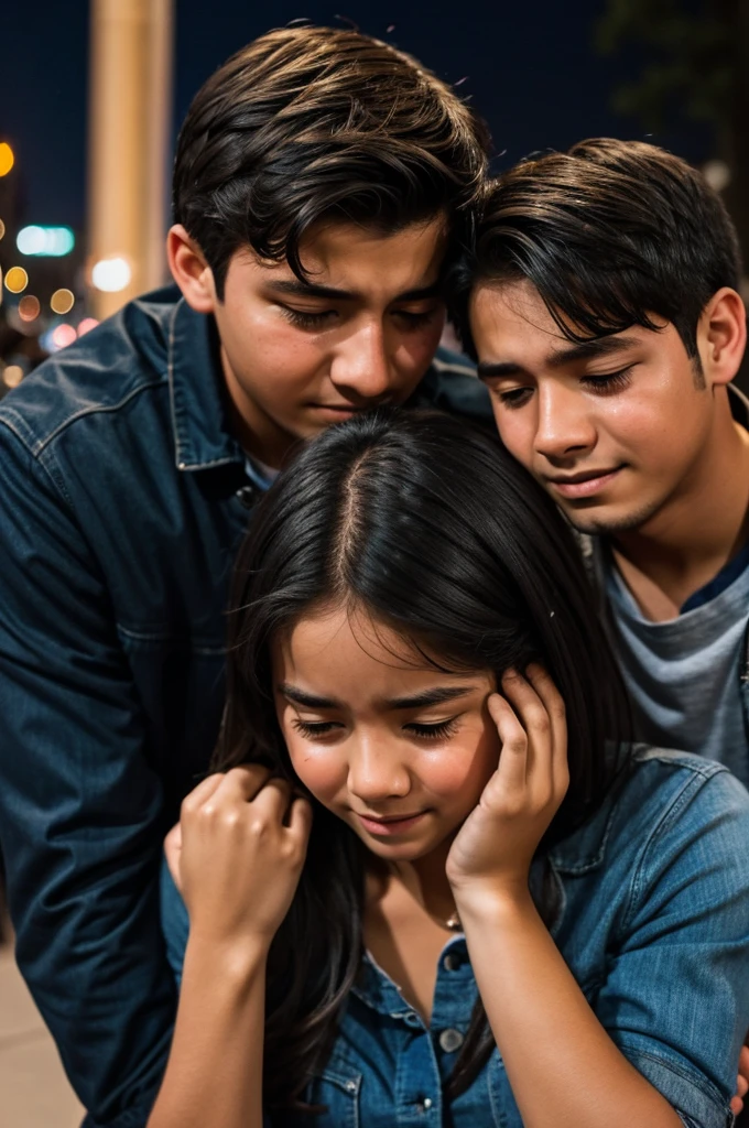 A beautiful night A girl crying and a boy comforting her and behind them a girl watching them