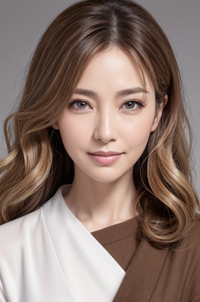 (the Extremely Detailed CG Unity 8K Wallpapers,masutepiece, Best Quality, Ultra-detailed), Gray background, 50-year-old female living in Japan, 50-year-old female born in Osaka,、Delicate contours、((eyes are thin and distant))、Eye color dark brown or warm hazel brown, Eyebrows are shaped while keeping their natural shape、wide forehead, The nose is small and delicate,、(The mouth is shaped like a very large and soft smile)、Well-groomed white teeth enhance your smile, Hair length to the shoulder blades、(The hair was firmly put back in a bun), There are beautiful curls and waves, hair-color:Brown or blonde, showing teeth
