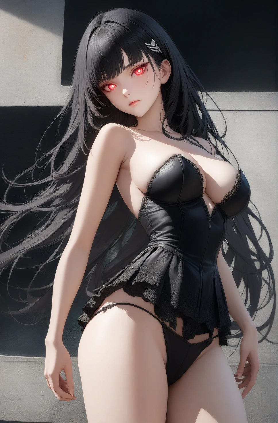 best quality, amazing quality, very aesthetic, absurdres, 1girl, rio (blue archive), blue archive, red eyes, black hair, strapless, (artist official art:1.5), (realistic face), (), (cowboy shot), (concept art:1.5), panties, (thigh, glowing eyes:1.4), perfect face, 4k, extremely detailed anime illustration, enhanced details, perfect anatomy, light rays, photo background, extremely delicate body, smooth skin, feminine expression, (black background:1.5), cristal clear eyes, beautiful face, big breasts
