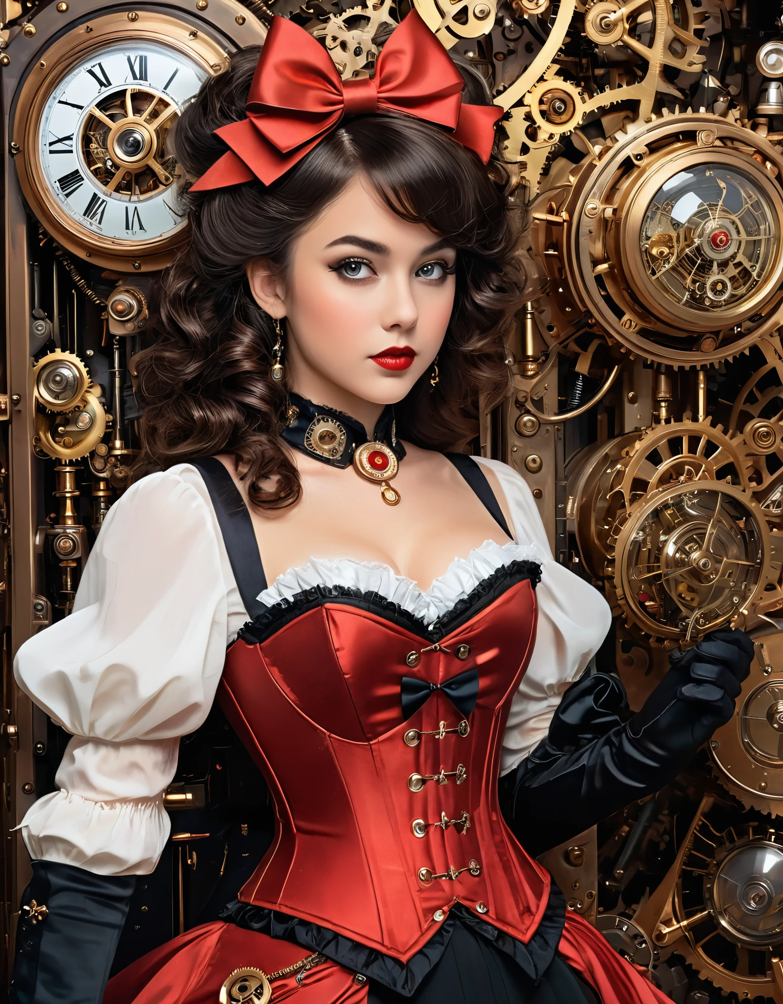 A highly detailed steampunk-themed illustration of a young woman with a vintage, pin-up style appearance. She has curly black hair styled with a large red bow and is dressed in a revealing corset with red and white accents, adorned with various steampunk gears and accessories. She is holding a small, intricate steampunk device in her gloved hand. Her large eyes and rosy cheeks give her a doll-like appearance. The background features a complex array of clockwork mechanisms, vintage machinery, and glowing elements, contributing to the rich steampunk aesthetic. The overall color scheme includes metallic golds, rich reds, and contrasting white, enhancing the retro-futuristic style.