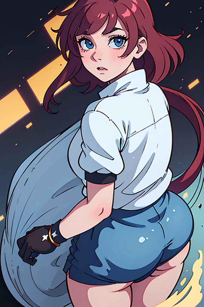 a cute short young lady, loose baggy sweater, no pants, chubby, short red hair in ponytail, beautiful detailed blue eyes with heavy eyeliner, rainbow eyeshadow, big butt, huge butt, large butt, huge booty, big booty, large booty, upturned nose, (best quality, 4k, 8k, highres, masterpiece:1.2), ultra-detailed, (realistic, photorealistic, photo-realistic:1.37), HDR, UHD, studio lighting, ultra-fine painting, sharp focus, physically-based rendering, extreme detail description, professional, vivid colors, bokeh, portraits, fantasy, cinematic lighting, warm color tones