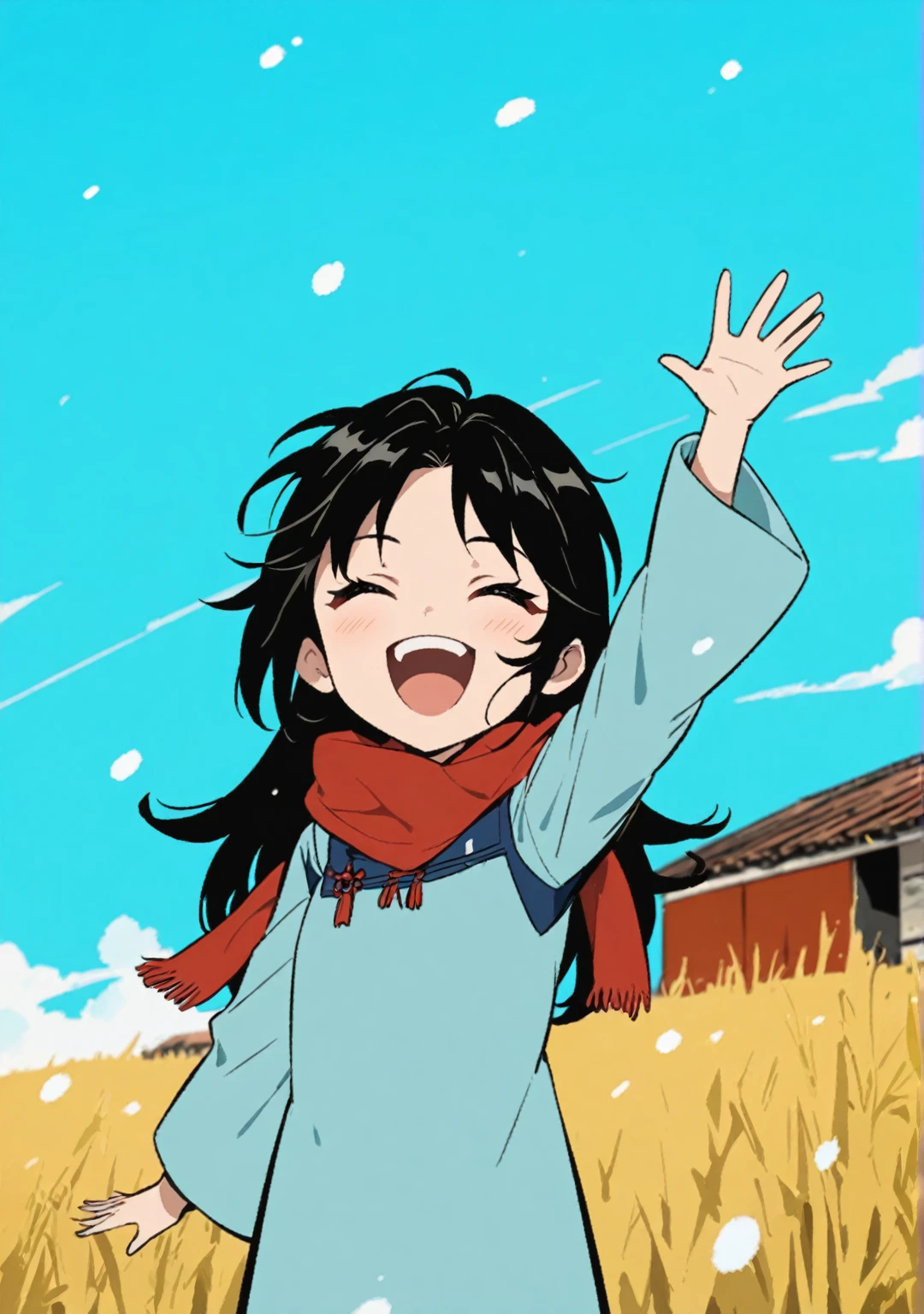 blue sky, wide field, the rising sun, Lots of clouds, Many fields and farm buildings, cartoon girl with a red scarf waving her hand, pose(holding a weapon + happy), [ digital art ]!!, she expresses joy, with holding a weapon, Cell Shading!!!, Cell Shading:15, Heavy gesture style close-up shots, waving and smiling, waving, in anime style, happy expression, in anime style, arknight style, exciting expression, excited expression, 1 woman, black hair, secret hair, hair that is red on the inside, white snow, 손을 흔들고 있는 pose, Asian face, light skin, solid color dress, whole body, low-angle shot,