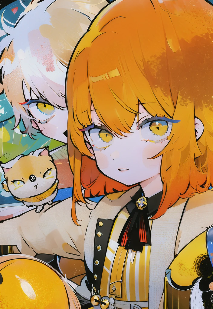 Medium-length light orange haired girl. Yellow eyes, mischevious smirk, quirky coat