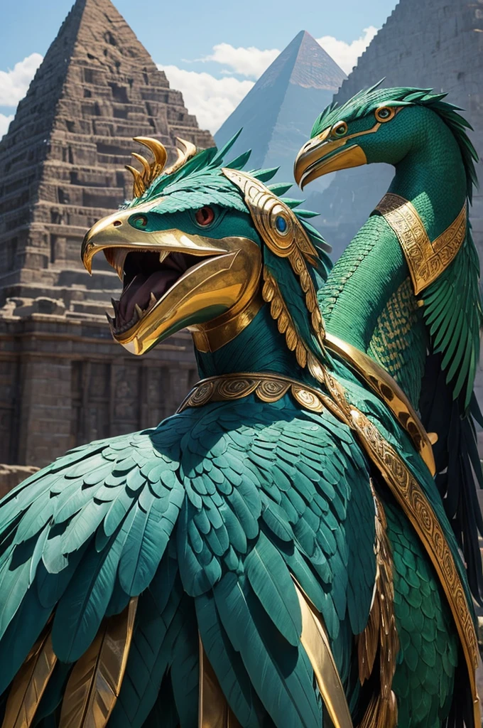 ((best quality)), ((masterpiece)), (detailed), perfect face Quetzalcoatl with a pyramid in the background