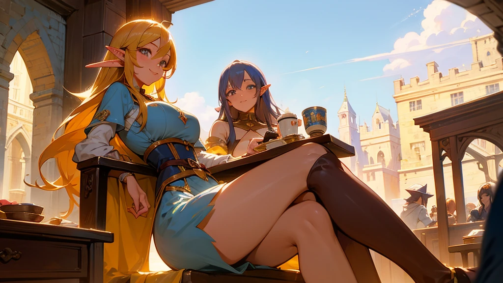 Anime Style,Nostalgic,Detailed background,The medieval world,A lively coffee shop with lots of people,Beautiful sky,Smiling bard beautiful elf girl holding coffee,Large Breasts,Healthy thighs,Underarm