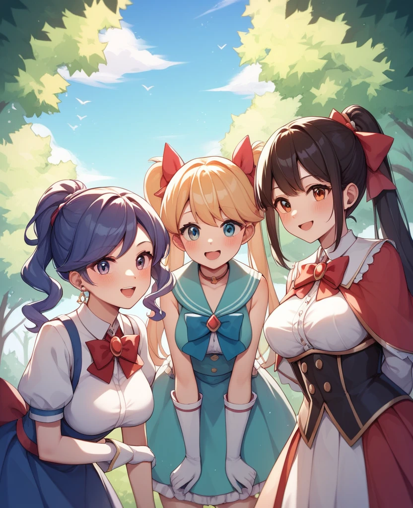 Highest quality, Very detailed, masterpiece, anime,Highest quality,Japanese ,Three Girls,Holiday outings,Transparent haori,Browsing Caution,Magical girl、Upper Body、Close Contact、lure、Provocative look、Leaning forward、bring your chest to the center、Large Breasts