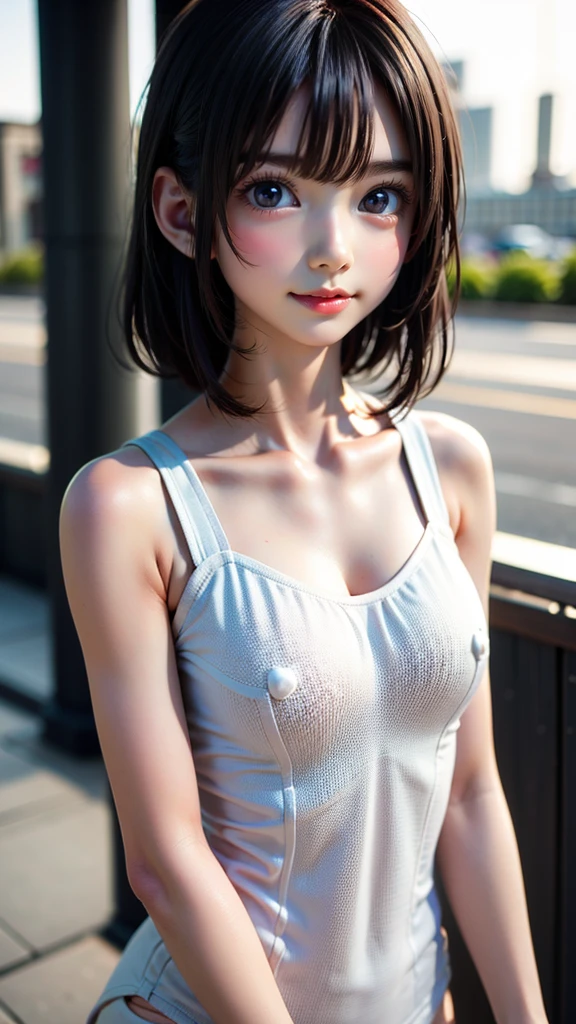 One Girl,(1人のとてもcute女の子:1.3),masterpiece,Highest quality,High resolution,From below,Photorealistic,RAW Photos,Ray Tracing,beautiful girl,(:1.3),cute,Big eyes,(detailed pupils:1.2),(The face is facing straight ahead:1.3),Body facing forward,Beautiful nose,Fuller lips,Short black hair,ponytail,short hair,Detailed eyelashes,Thin eyebrows,Very fine grain definition,(Symmetrical eyes:1.3),(Face close-up,Face Focus:1.0),Small breasts,Short neck,White swimsuit,White Bikini,The background is the sea,Southern Island,Blue sky,White cloud,Portrait,View Viewer,Upper Body,Cinema Lighting,High resolution,Very detailed