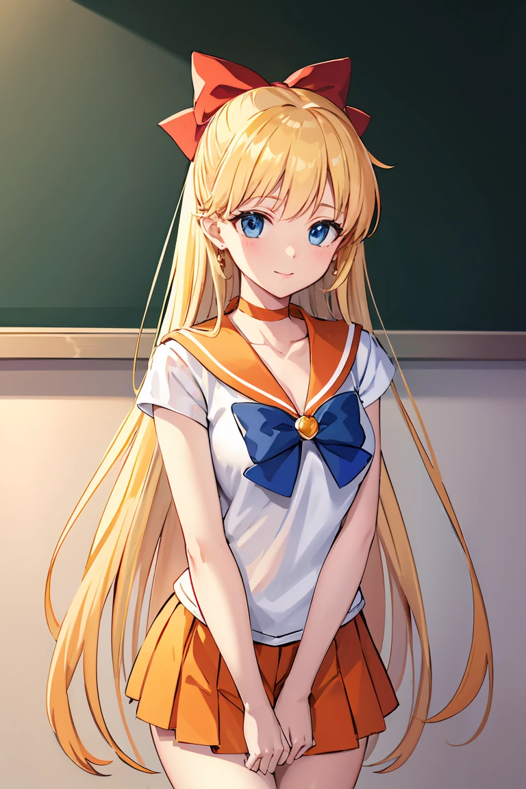 masterpiece, Highest quality, High resolution, Venus 1, One person, alone, Sailor Warrior Uniforms, Sailor Venus, aino minako, Blonde, Magical girl, blue eyes, Orange Skirt, Elbow hand pockets, tiara, Pleated skirt, Hair Ribbon, Orange sailor collar, mini skirt, choker, Red Bow, orange choker, White gloves, Very long hair,  jewelry,  Earrings, Sitting, Crossing your legs,The background is a school classroom,smile、