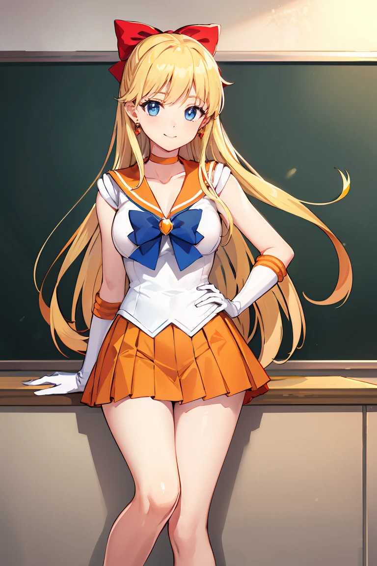 masterpiece, Highest quality, High resolution, Venus 1, One girl, alone, Sailor Warrior Uniforms, Sailor Venus, aino minako, Blonde, Magical girl, blue eyes, Orange Skirt, Elbow hand pockets, tiara, Pleated skirt, Hair Ribbon, Orange sailor collar, mini skirt, choker, Red Bow, orange choker, White gloves, Very long hair, jewelry, Earrings, Are standing, Crossing your legs,The background is a school classroom,smile