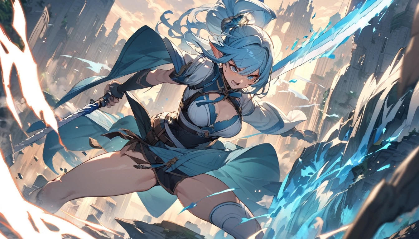 (Highest quality), Elf girl fighting with a big sword,Blue Hair,Different world