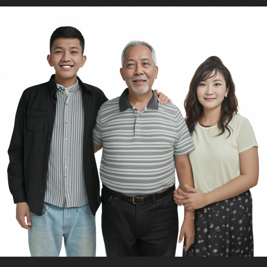 There are three people standing next to each other posing for a photo., realistic photo, scanned photo, happy family, photo taken in 2 0 2 0, full body photography, realistic photo, retouched, husband wife and son, full body photography,